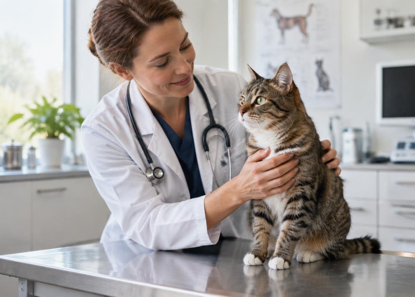 Veterinarian examining a cat